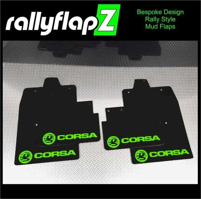 Rally Flapz, CORSA C (2000-2007) BLACK MUDFLAPS KIT (Logo Lime Green)