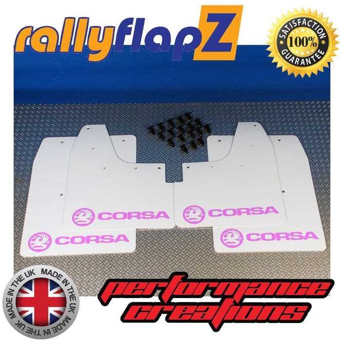 Rally Flapz, CORSA C (2000-2007) WHITE MUDFLAPS KIT (Logo Baby Pink)