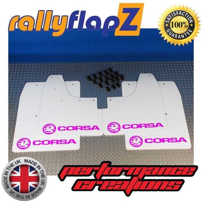 Rally Flapz, CORSA C (2000-2007) WHITE MUDFLAPS KIT (Logo Hot Pink)