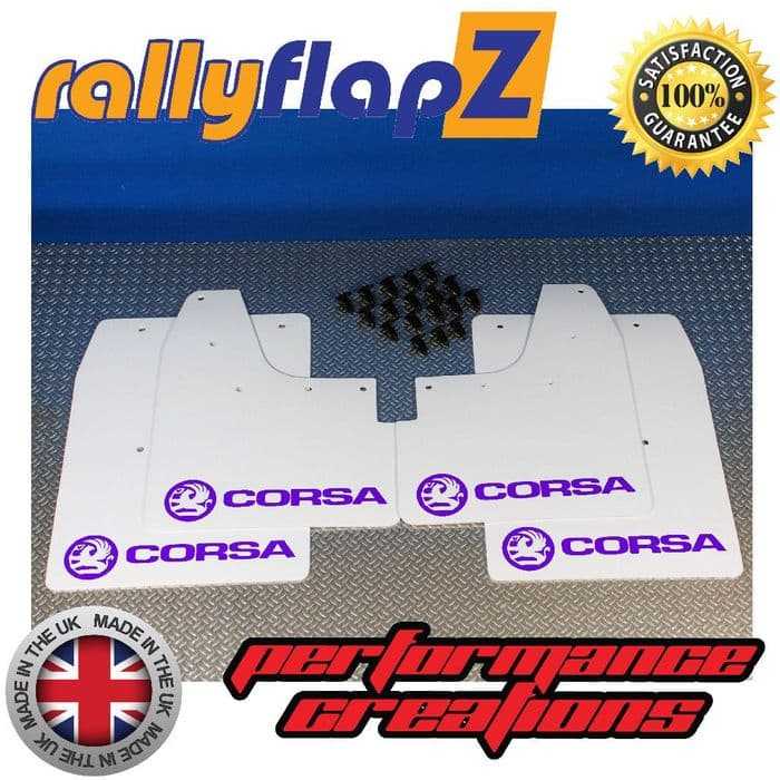 Rally Flapz, CORSA C (2000-2007) WHITE MUDFLAPS KIT (Logo Purple)