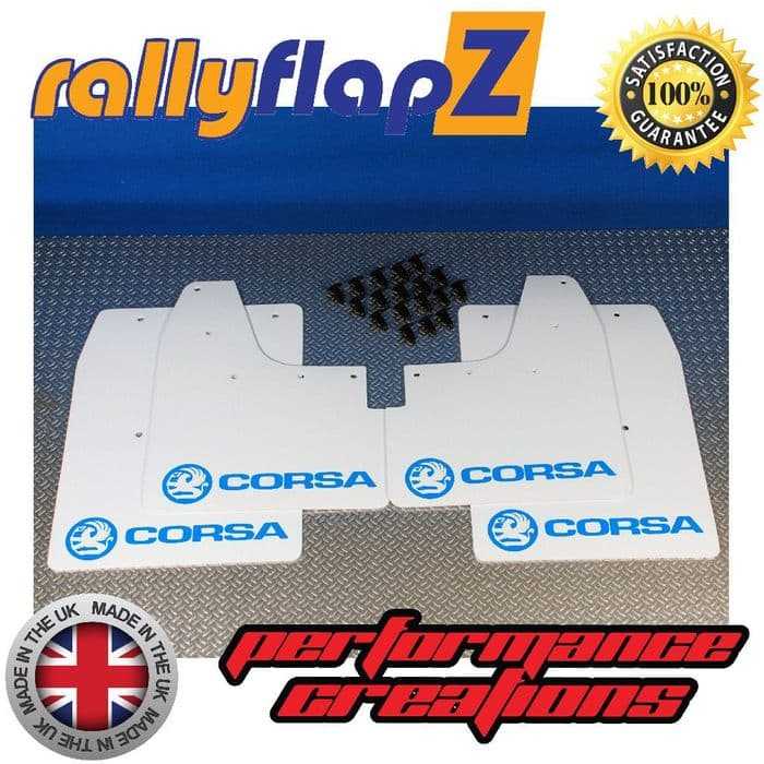 Rally Flapz, CORSA C (2000-2007) WHITE MUDFLAPS KIT (Logo Sky Blue)