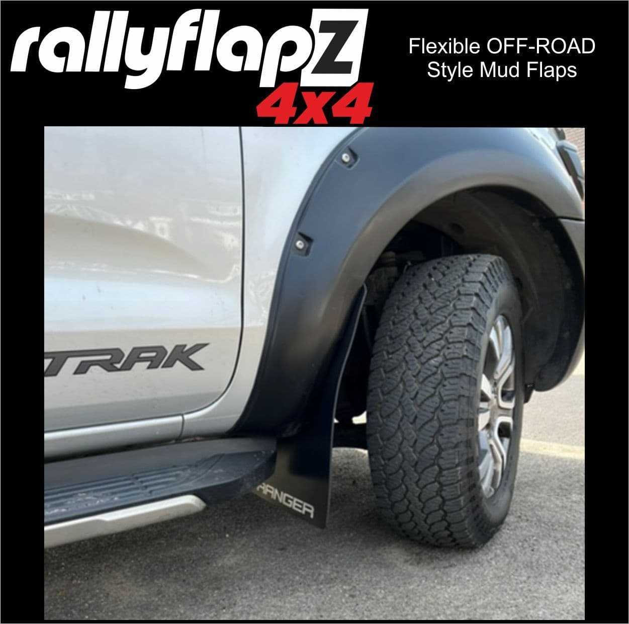 Rally Flapz, Extended Arch Mud Flaps to fit FORD RANGER T7 T8 2015-2021 BLACK (All Options)